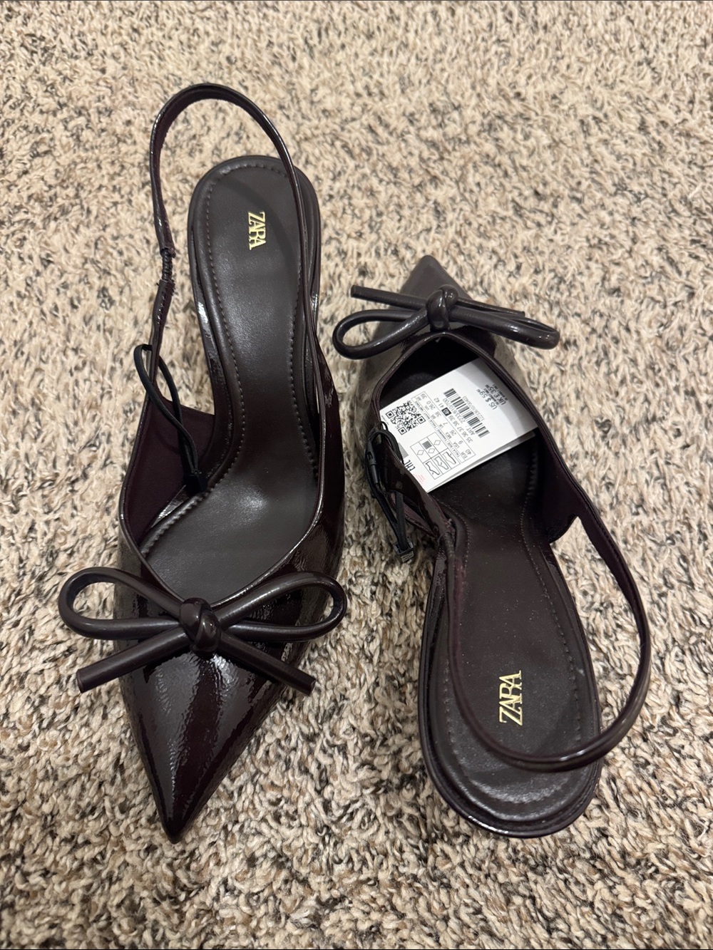 Zara Dark Brown Patent Pointed Bow Slingback Mules